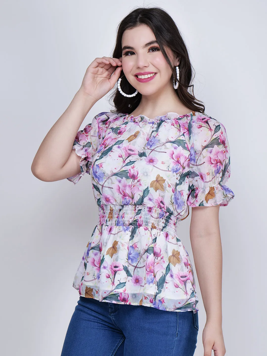 Women Floral Printed White Top