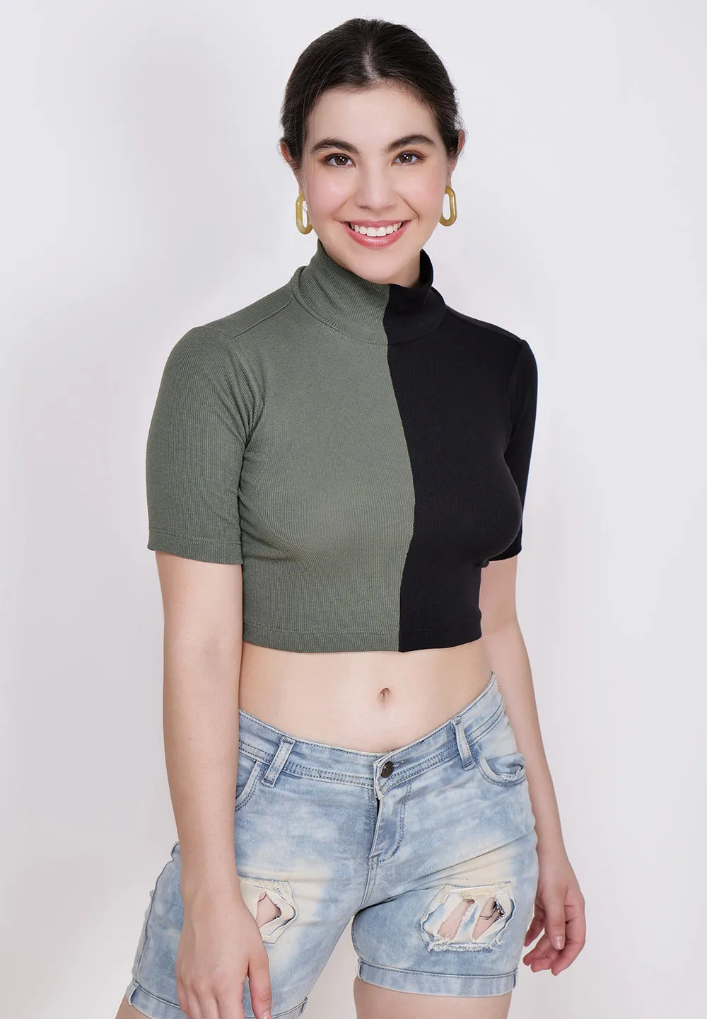 Women Olive & Black High Neck Fitted Crop Top