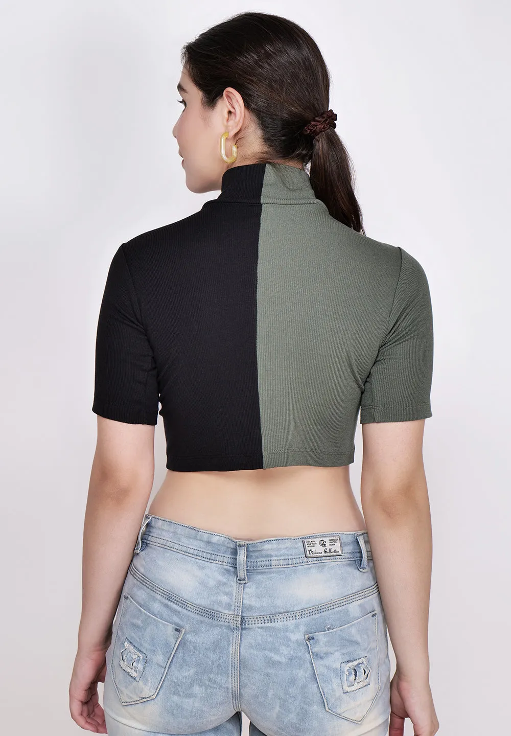 Women Olive & Black High Neck Fitted Crop Top