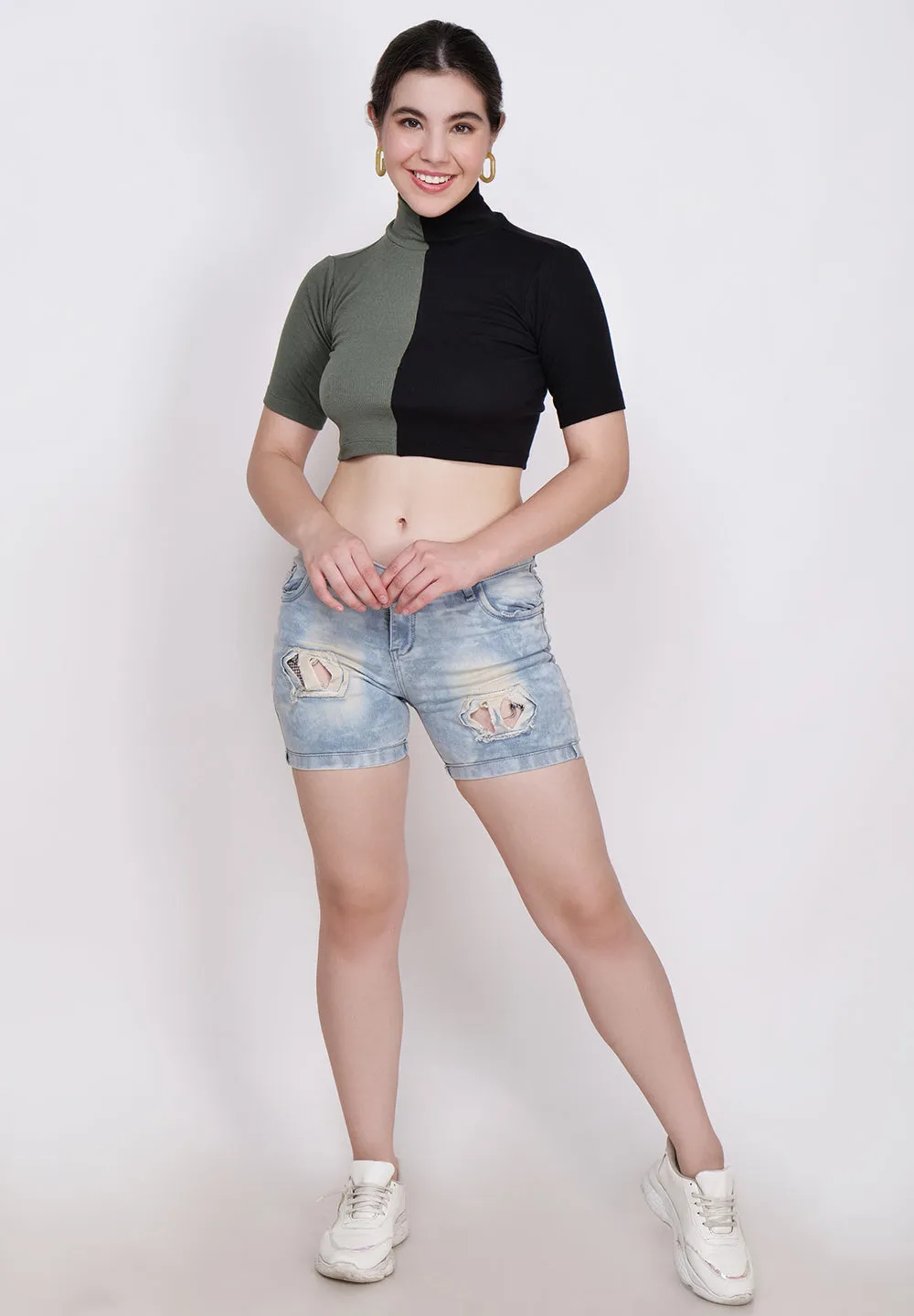 Women Olive & Black High Neck Fitted Crop Top