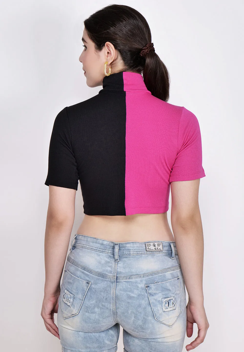 Women Pink & Black High Neck Fitted Crop Top