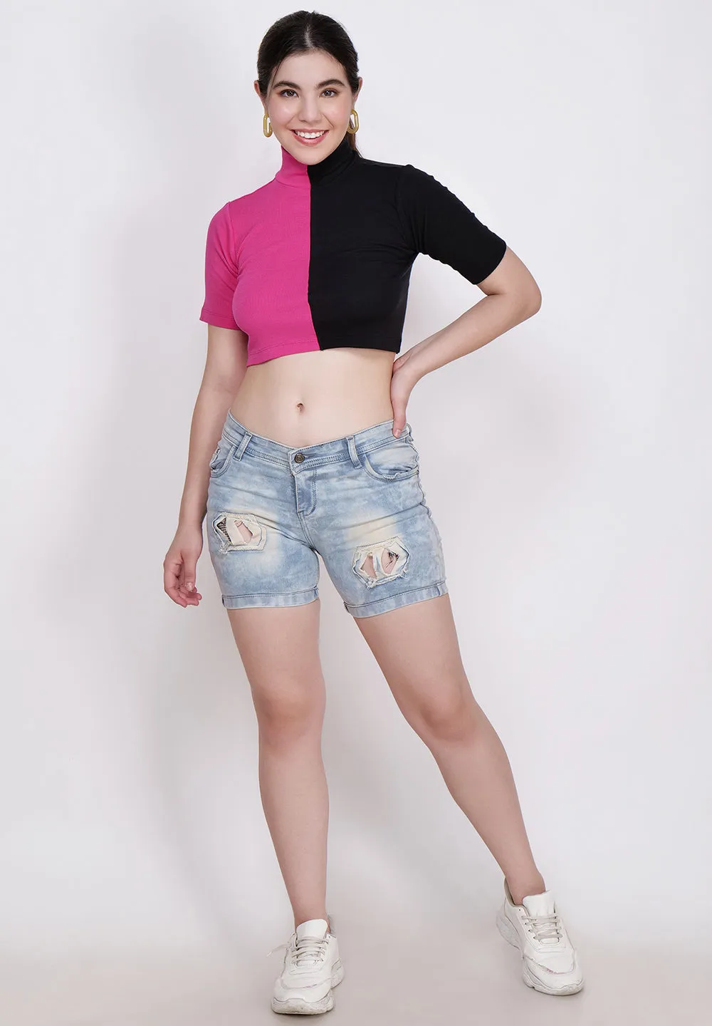 Women Pink & Black High Neck Fitted Crop Top