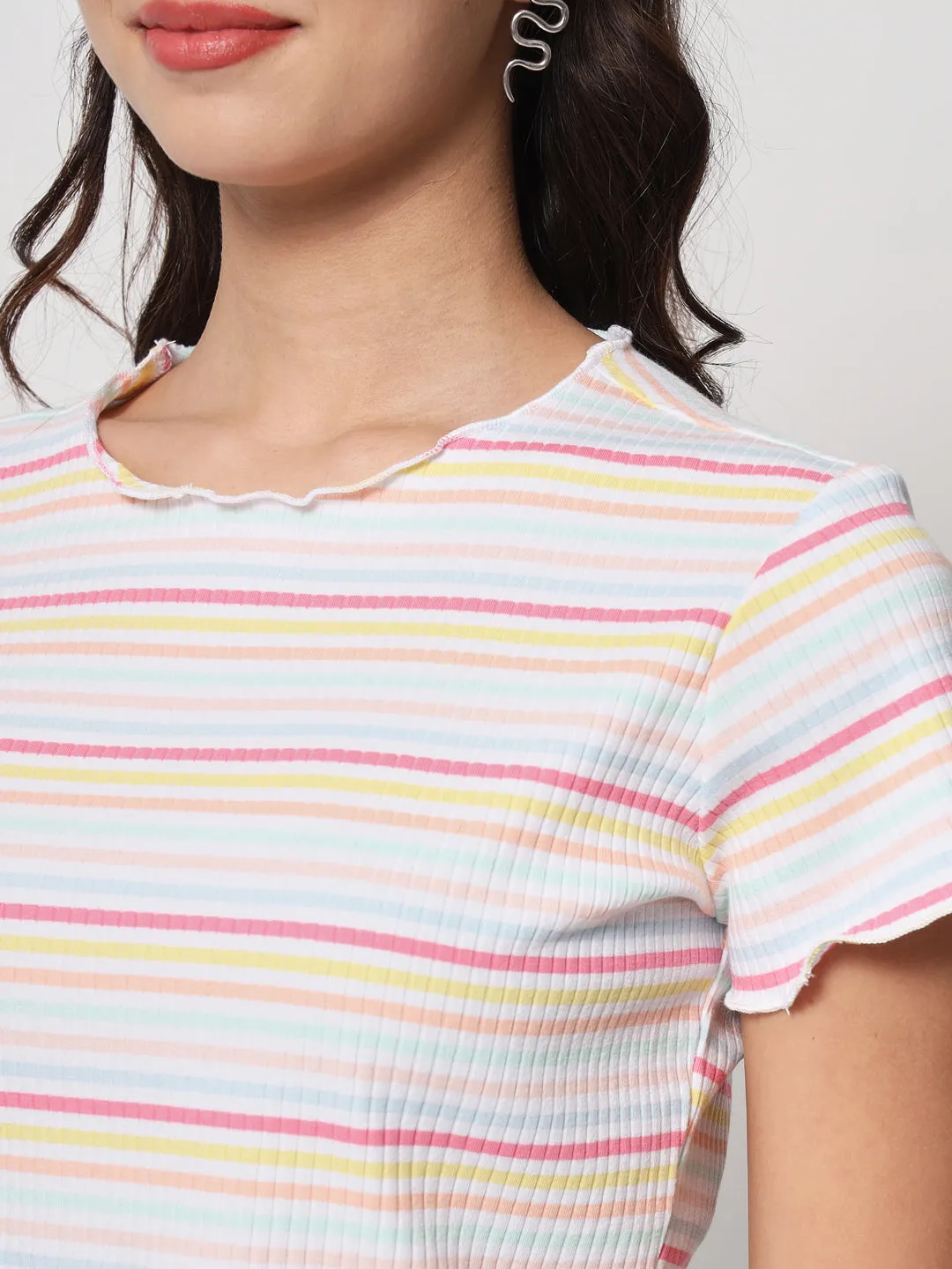 Women White & Yellow Striped Organic Cotton Crop Top