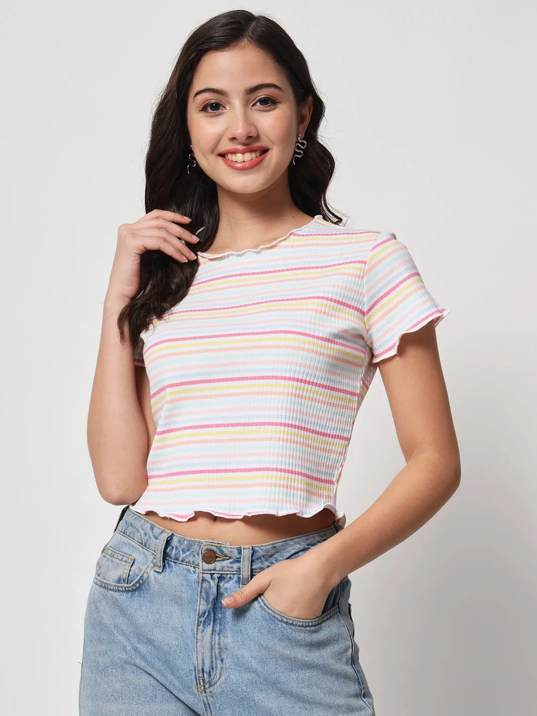 Women White & Yellow Striped Organic Cotton Crop Top