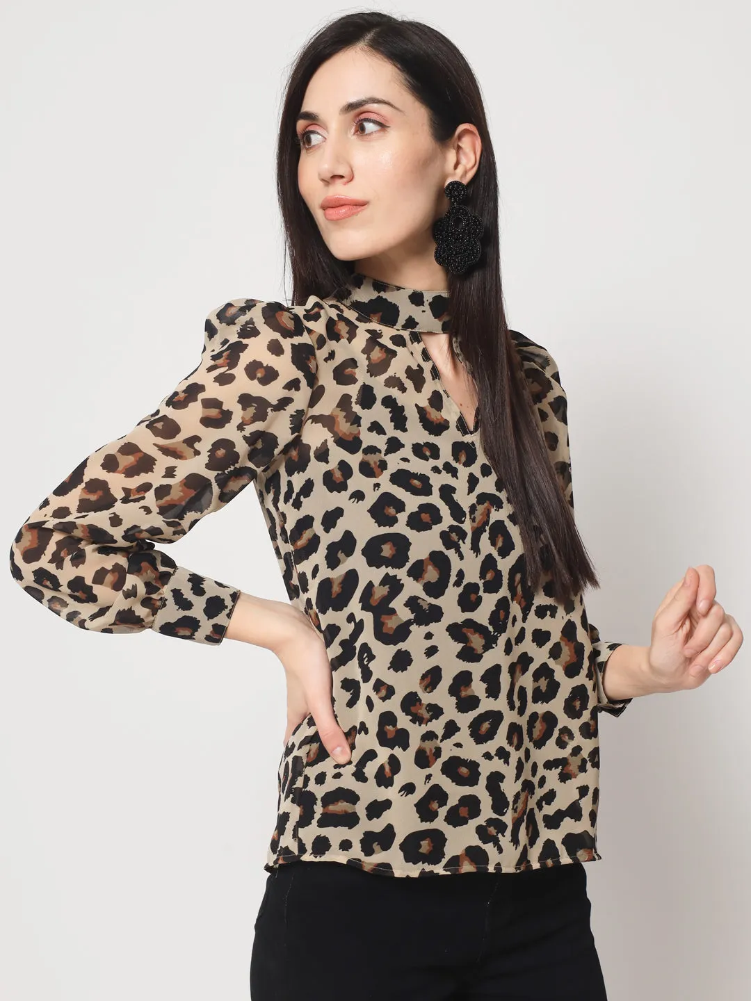 Women's Animal Printed High Neck Georgette Top