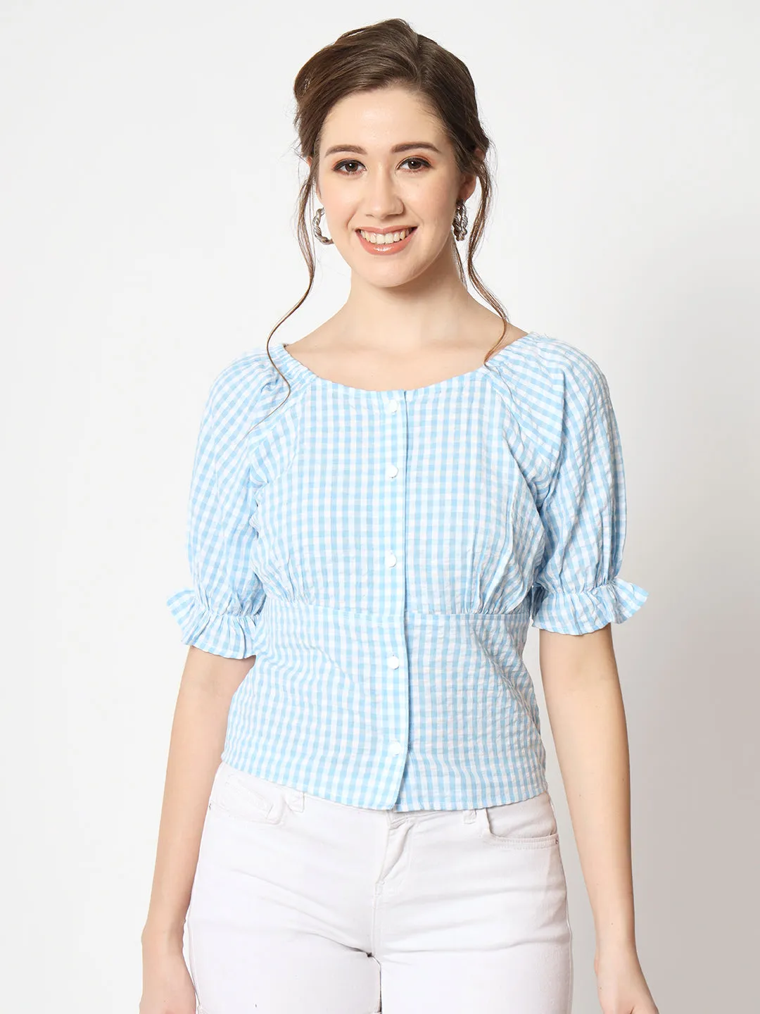 Women's Checked Button Down Ruffled Sleeve Top