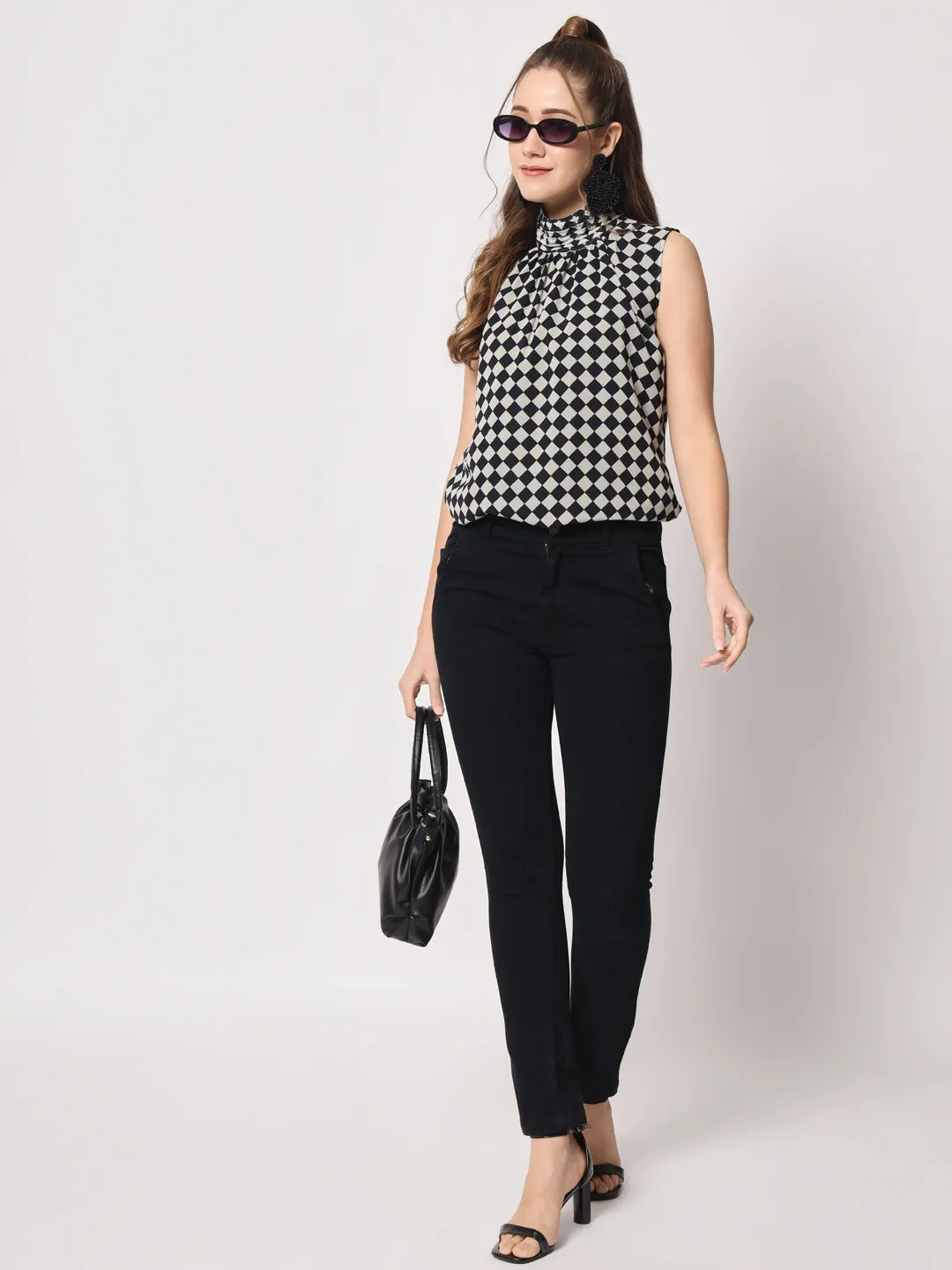 Women's Checked High Neck Black Top