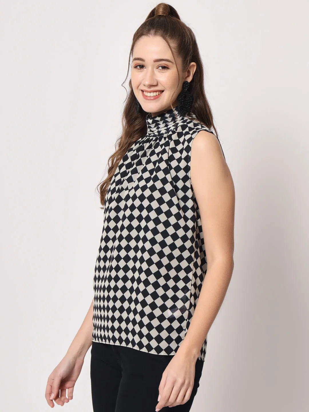 Women's Checked High Neck Black Top