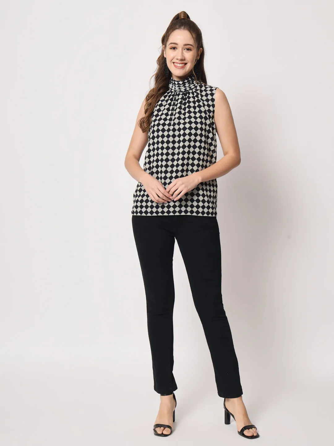 Women's Checked High Neck Black Top