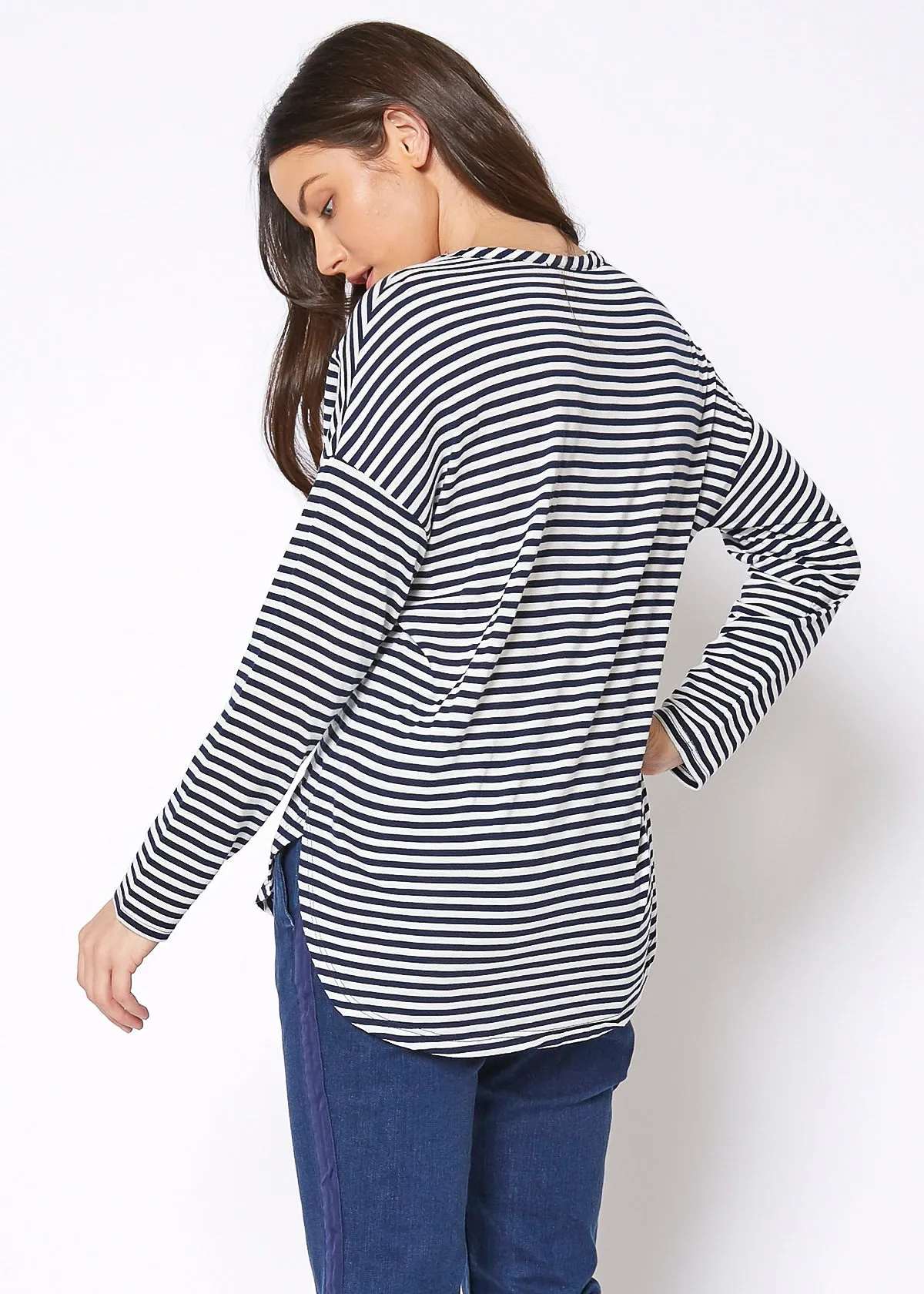 Women's Crewneck Round Hem Stripe Top