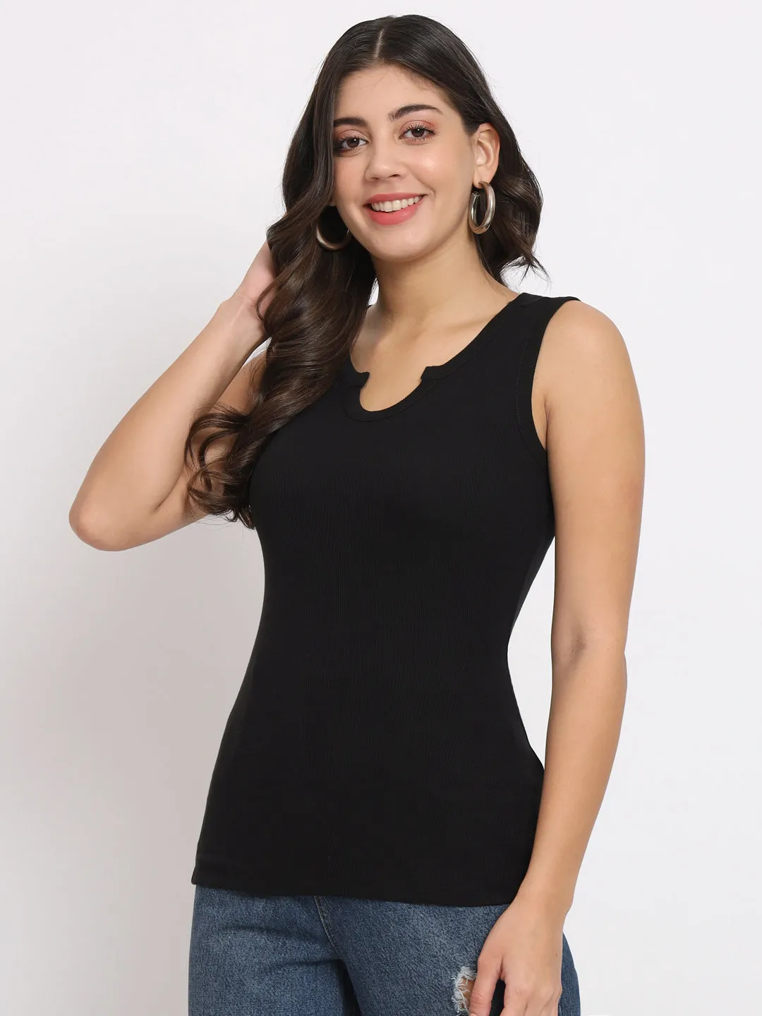 Women's Notched Round Neck Sleeveless Fitted Black Top